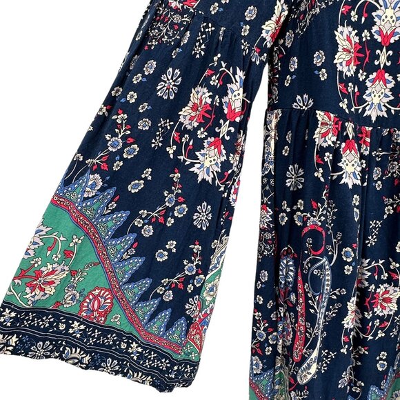 Entro Floral Boho Dress Mini Relaxed Navy Blue Bell Long Sleeve Babydoll Small - Picture 5 of 9